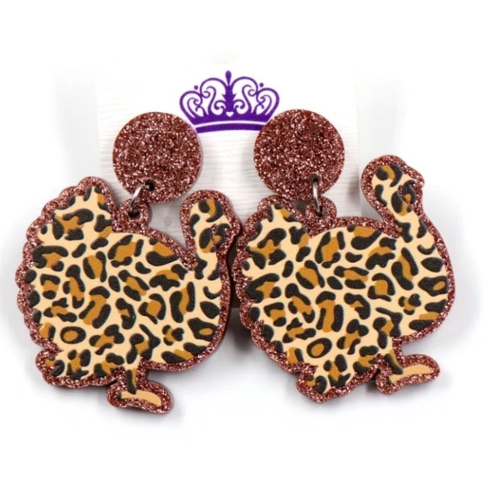 Boutique Turkey Earrings Women Brown Leopard Print Glitter Thanksgiving Holiday‎